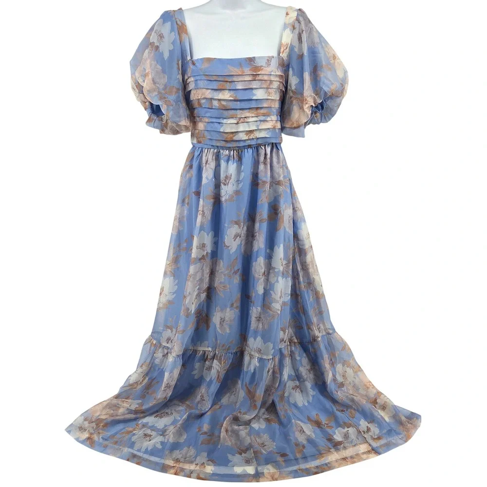 Abercrombie & Fitch Emerson Drama Bow Back Maxi Dress LP Blue Floral Puff Sleeve